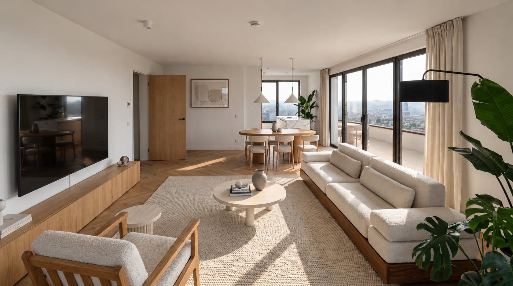 Artist impression: woonkamer met loungebank, eethoek en balkon met uitzicht over de stad