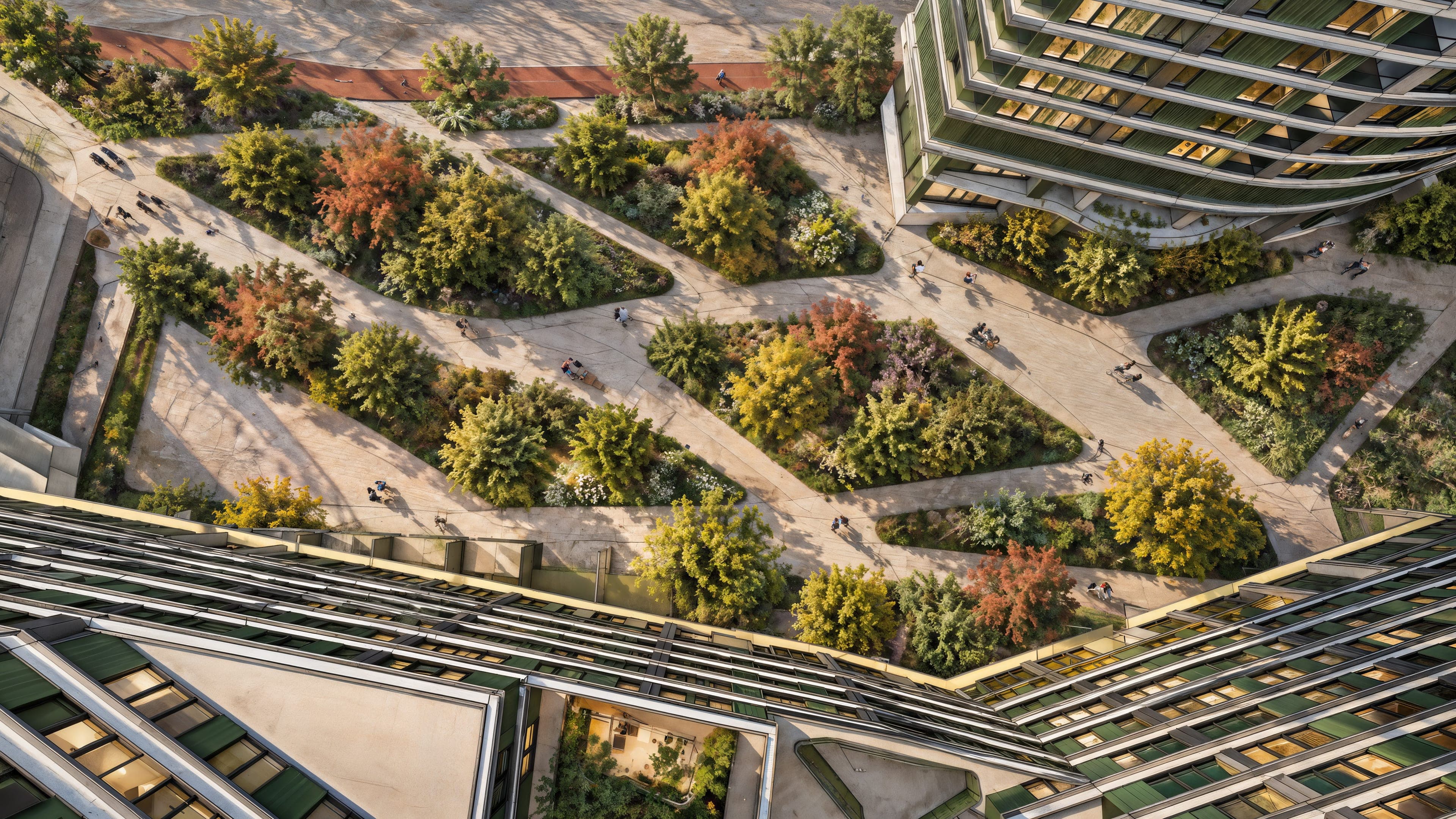 Artist impression van het stadspark tussen de torens van bovenaf: paden, borders met bomen en mensen die wandelen en fietsen