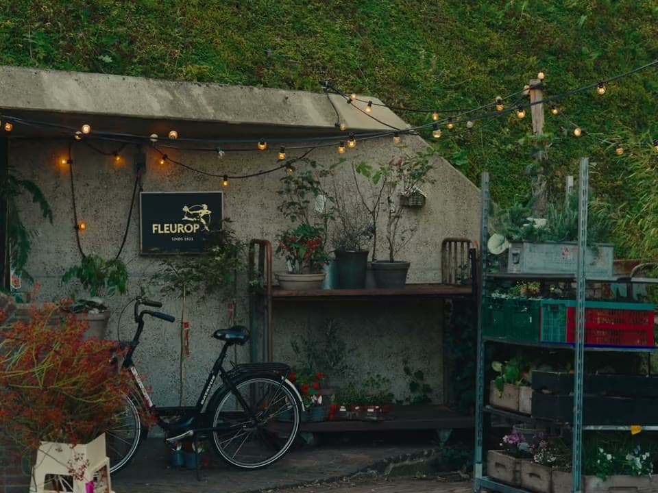 Een bloemenwinkel met lichtjes en een fiets ervoor