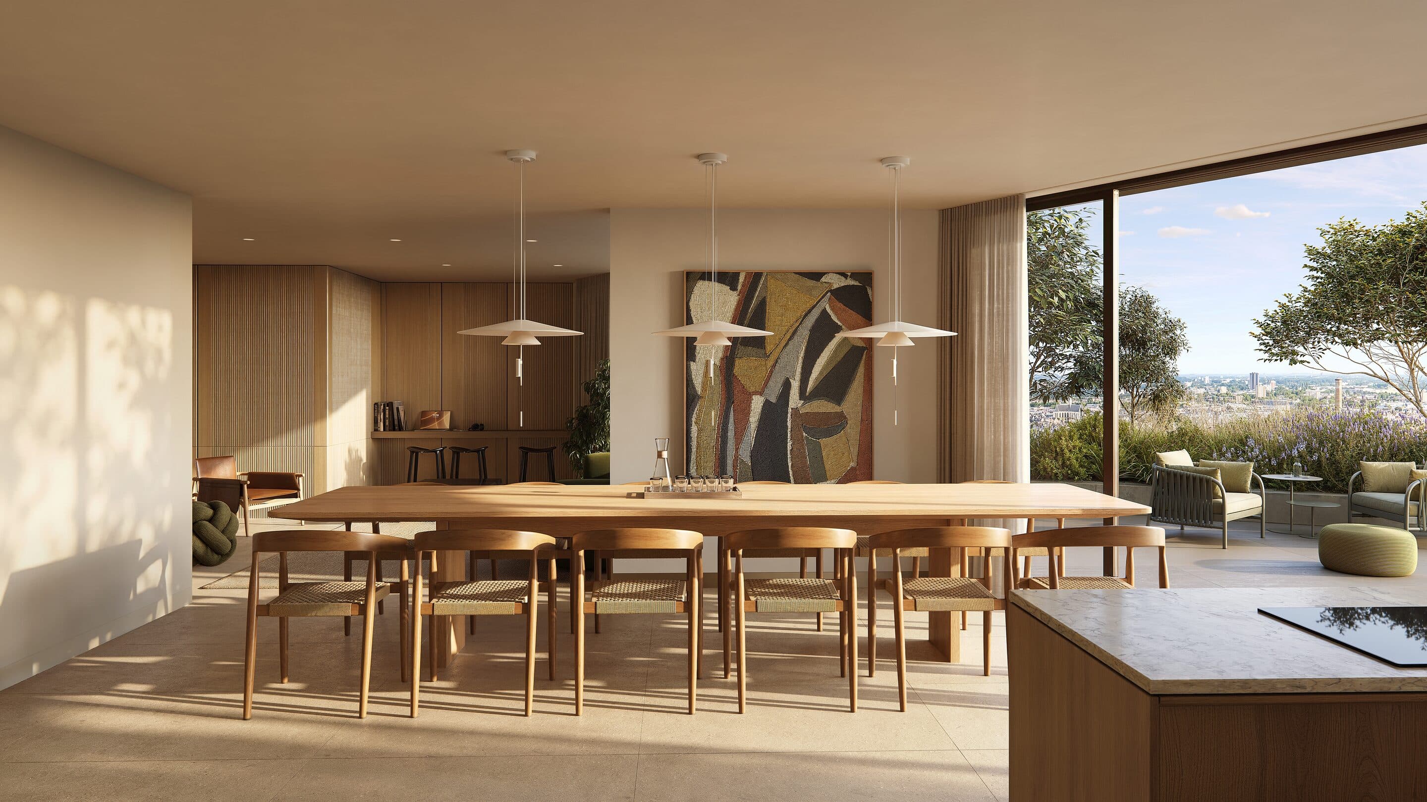 Artist impression van een lichte eetkamer met een lange eikenhouten tafel, hanglampen en een kookeiland, met een pui naar een begroeid terras.