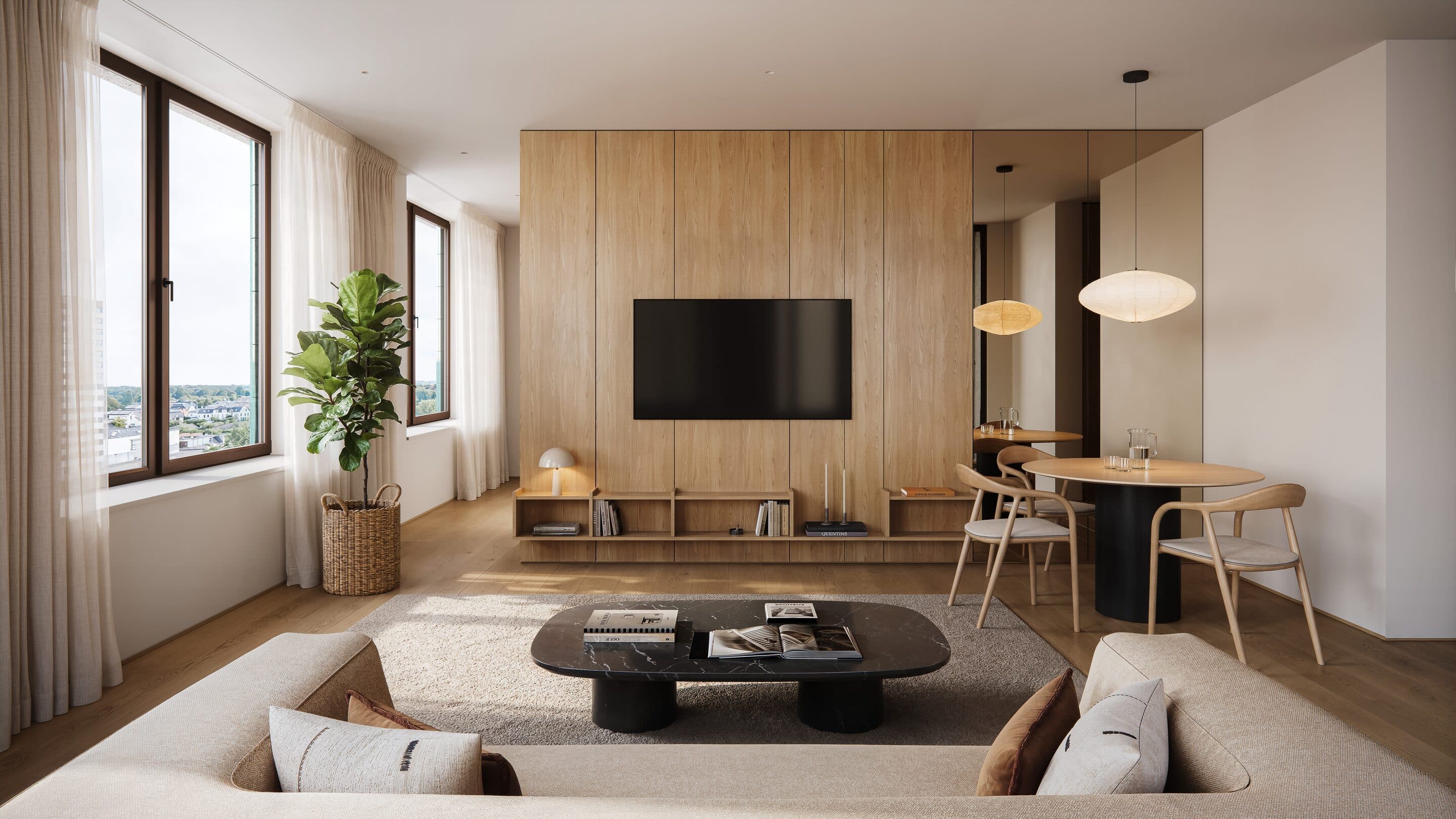 Artist impression van een woonkamer met een eikenhouten wand, beige banken en een ronde eettafel, met ramen die uitkijken over de stad.