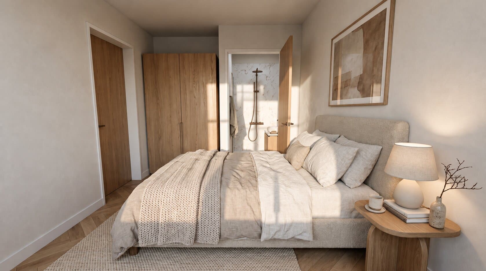 Artist impression van een slaapkamer in zacht zonlicht: een bed met een gestoffeerd hoofdeind, linnen beddengoed en een gebreide plaid, een houten nachtkastje met een lamp, een eikenhouten kledingkast en een open deur naar een marmeren douche.