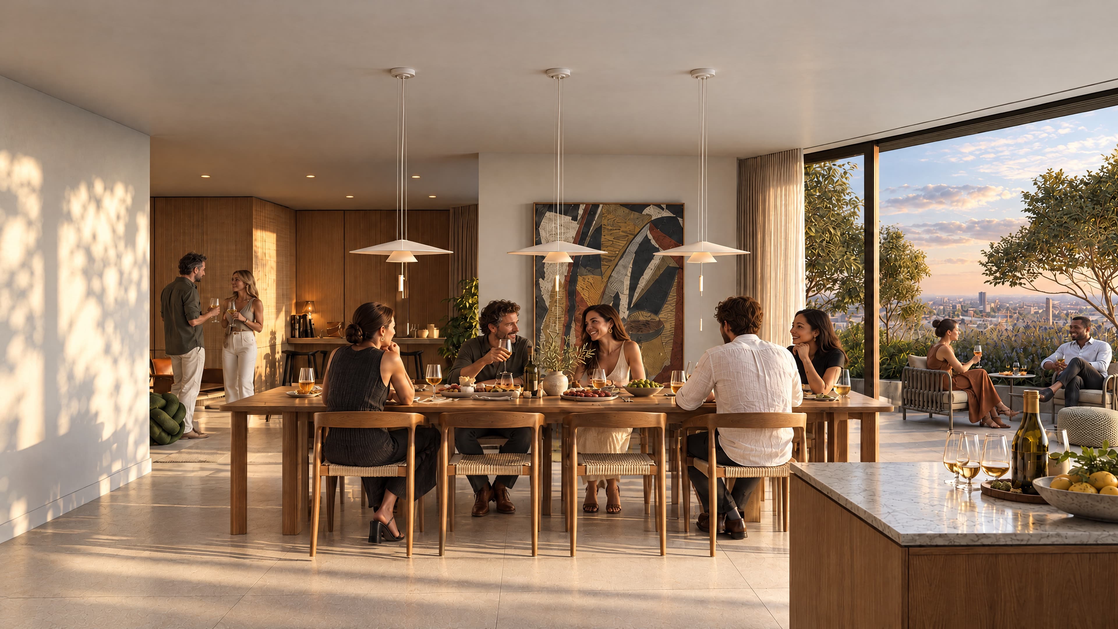Artist impression van vrienden aan het diner rond een lange houten tafel onder drie witte hanglampen, met een groot abstract schilderij aan de wand, vooraan een kookeiland met wijn en citroenen, en een hoge open glazen pui naar een terras waar twee mensen zitten met uitzicht over de stad bij zonsondergang.