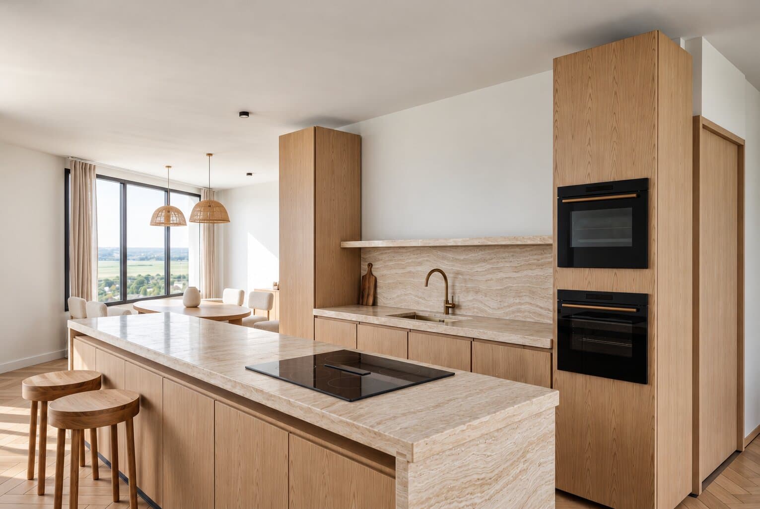 Artist impression van een keuken met eikenhouten kasten, twee zwarte ovens en een kookeiland van travertin met twee houten krukken, met doorkijk naar een ronde eettafel onder twee gevlochten hanglampen en een hoog raam op het groen.