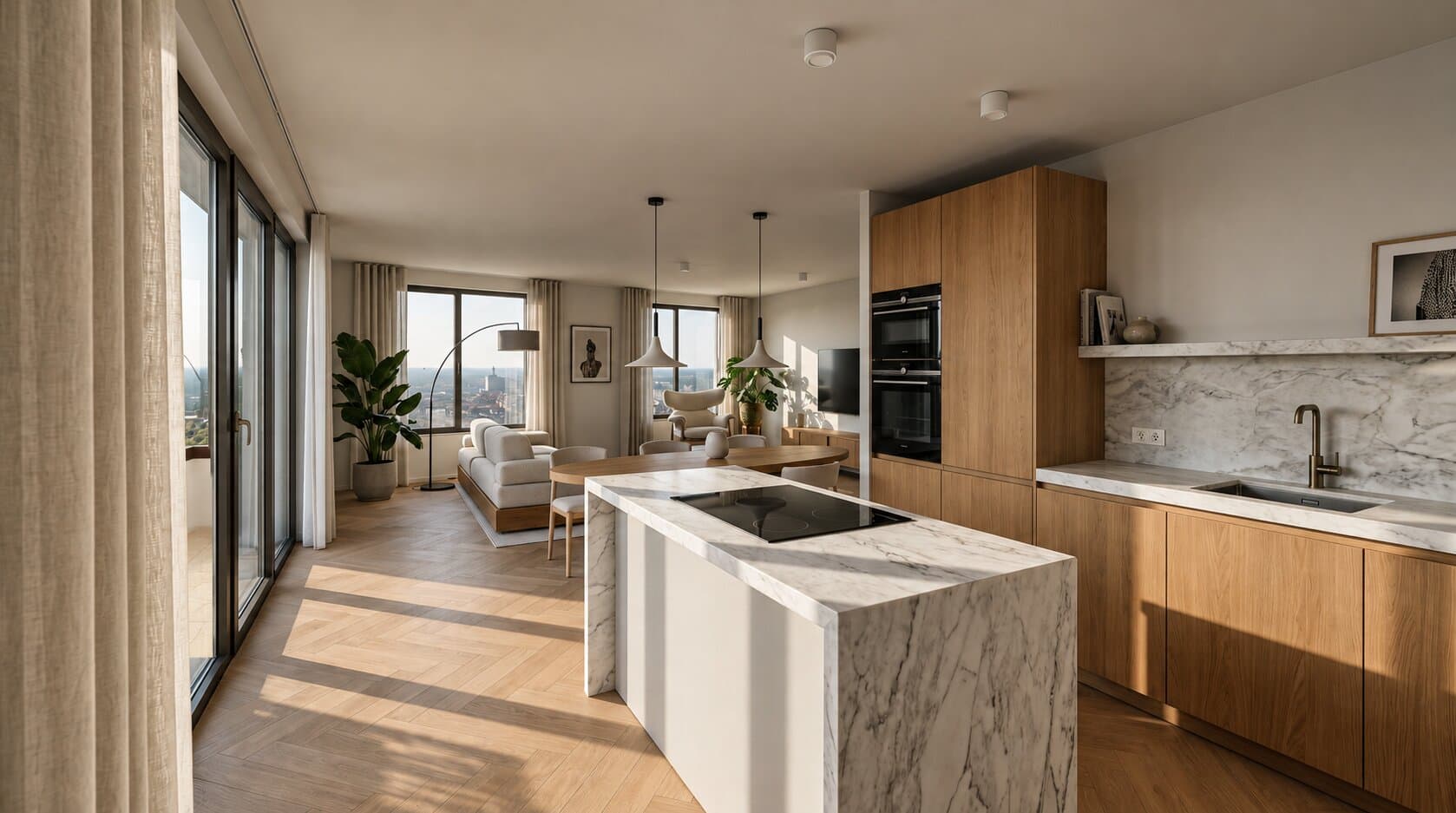Artist impression van een open keuken met eikenhouten kasten en een marmeren kookeiland, met doorkijk naar een eettafel, een crèmekleurige bank en ramen over de stad, met linnen gordijnen en glazen deuren naar een balkon aan de linkerkant.